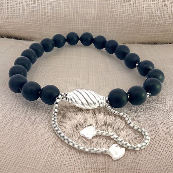 David Yurman Authentic Estate Matte Onyx Bead Bracelet 6.6 - 8.5" Sil 8 mm DY467 - Picture 9 of 11